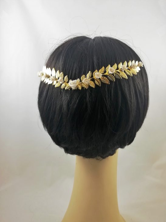 tiara media corona dorado hojas flores pocelana